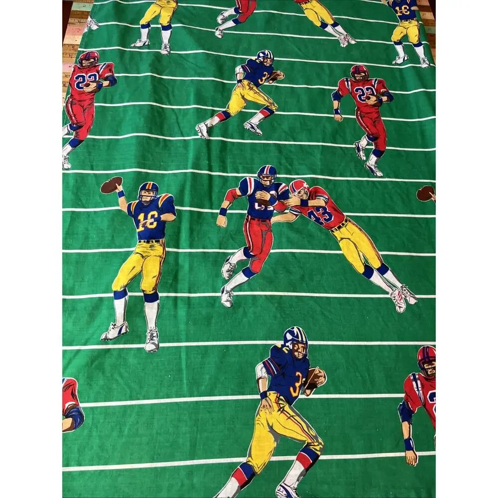 Vintage 70s FOOTBALL Players Flat Bed Sheet Bunk Size 95x 63 
